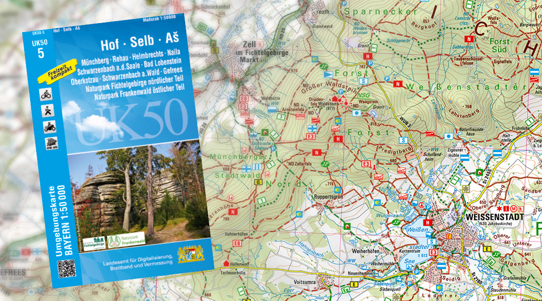 Kartenausschnitt der topographischen Umgebungskarte 50-5 Hof – Selb – Aš mit Freizeitinformationen. Darauf liegt das Titelbild der Karte.