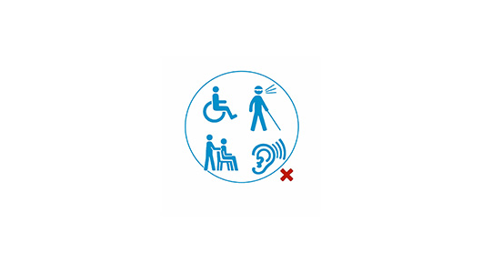 Ein Kreis in dem verschiedene Symbole von Behinderungen sind, unten ein rotes Kreuz
